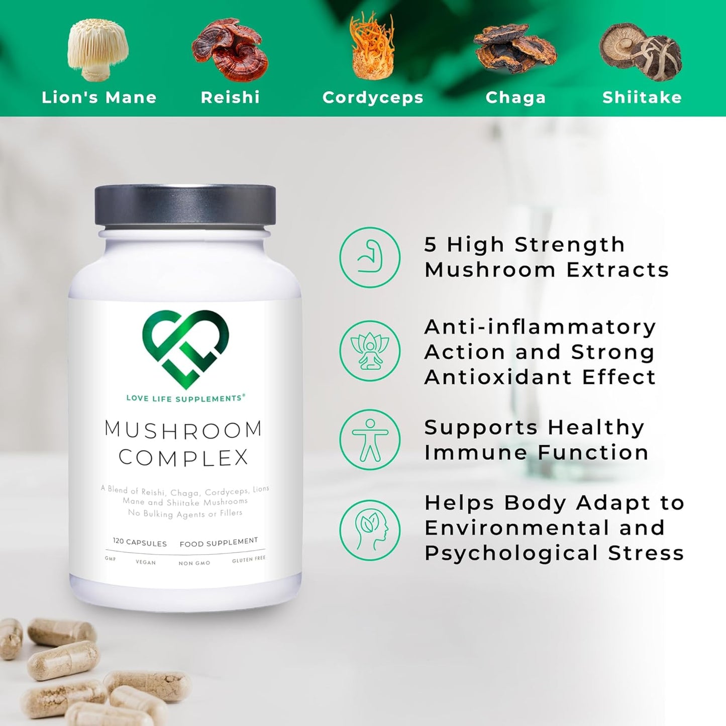 Mushroom Complex by LLS | Contains 1000Mg Reishi, Chaga, Cordyceps, Lions Mane and Shiitake Mushrooms | 120 Capsules - 2 Month Supply | No Fillers | Vegan |