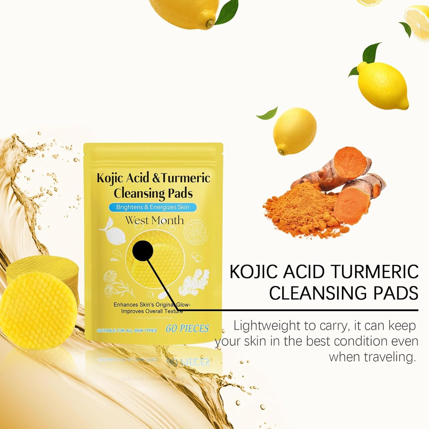 Kojic Acid & Turmeric Infused Foaming Exfoliating Pads - Cleansing Sponges for Dark Spots, 60 Pads