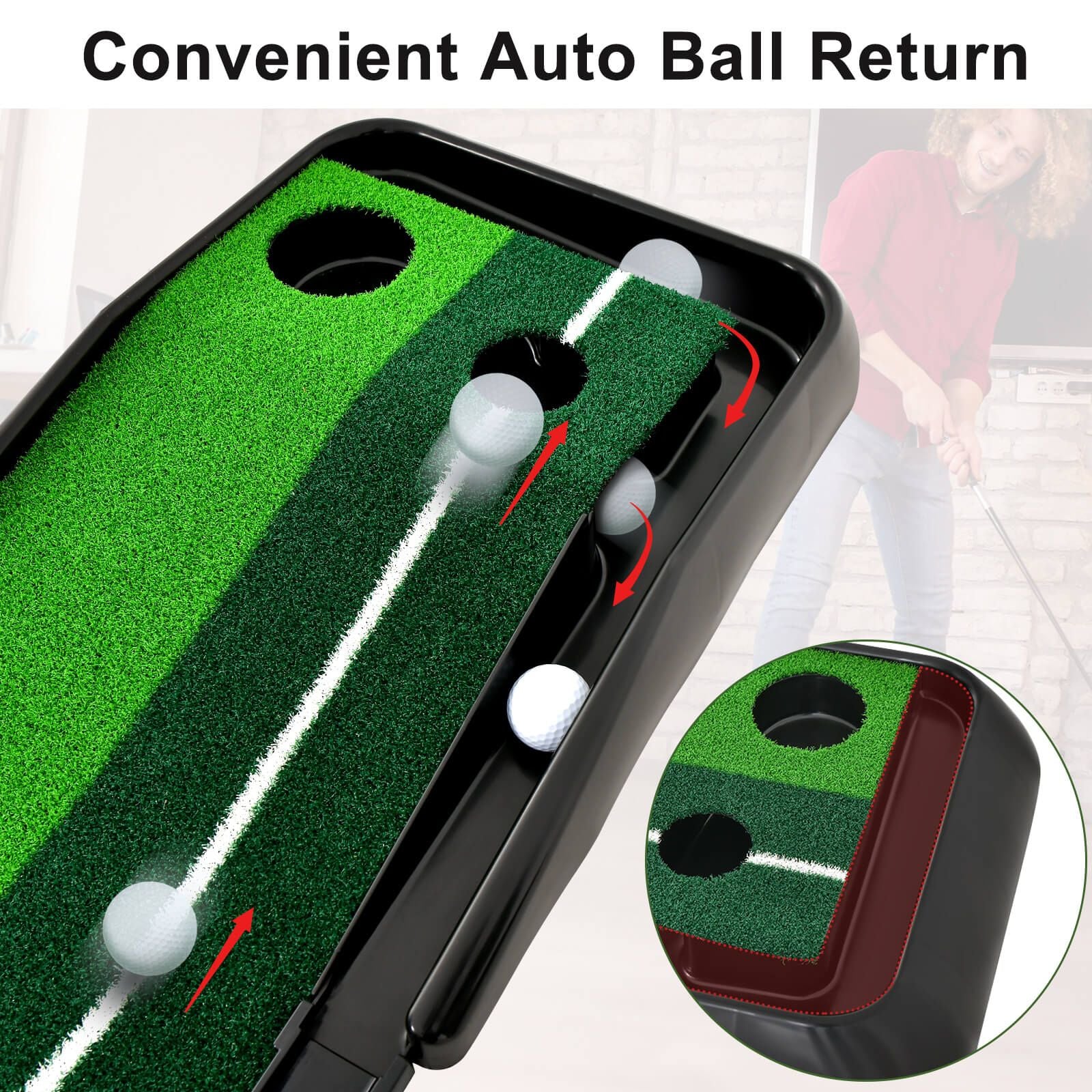 250 CM Putting Premium Golf Practice Turf with Auto Ball Return Track