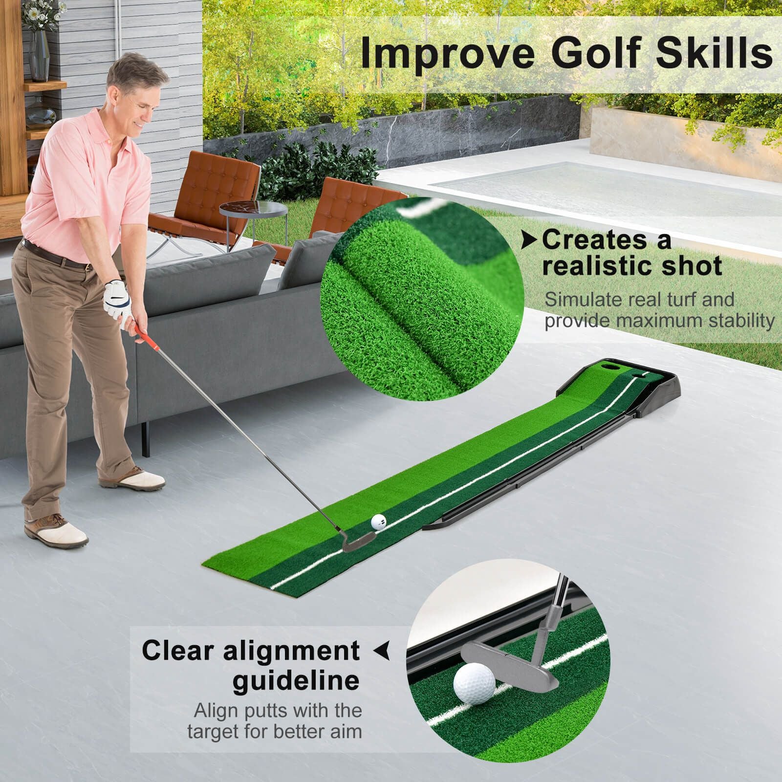 250 CM Putting Premium Golf Practice Turf with Auto Ball Return Track